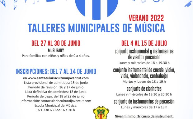 Obertes les inscripcions per als tallers d'estiu de 2022 de l'Escola de Música de Santa Eulària