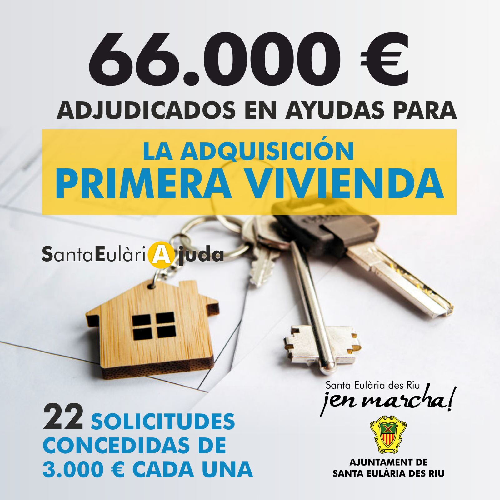 L'Ajuntament de Santa Eulària des Riu destina 66.000 euros per oferir 22 ajudes de 3.000 euros per alleujar les despeses derivades de la compra del primer habitatge