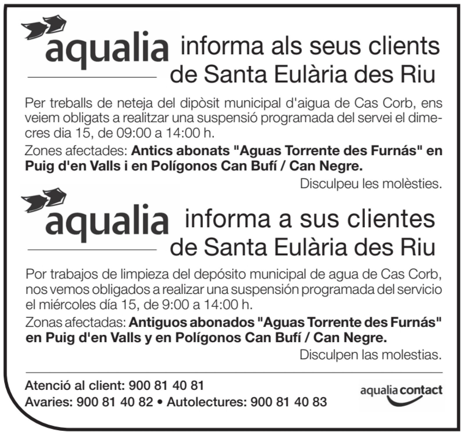 Avís de tall temporal d'aigua aquest dimecres a antics abonats Aigües Torrent des Furnás as Puig d’en Valls, a Can Bufí i a Can Negre