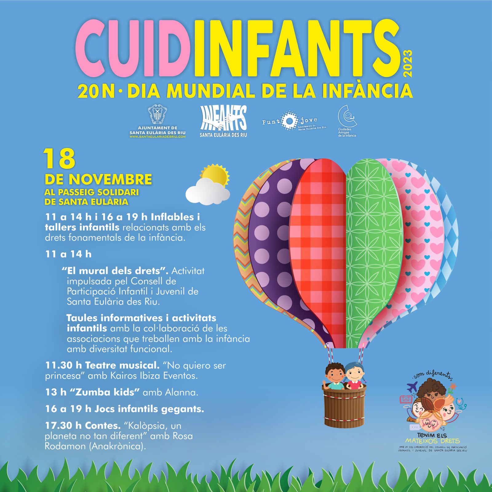 Una classe de 'zumba', teatre musical, activitats integradores per a infants amb diversitat funcional i jocs en la celebració del Dia de la Infància a Santa Eulària